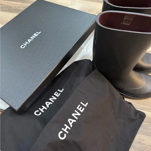 CHANEL Rubber Black and White Logo Rain Boots - Picture 2 of 3
